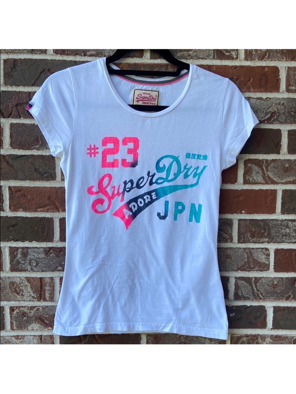 Superdry White Short Sleeve Graphic Tee with Neon Pink & Teal Print
